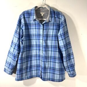 L.L.Bean Fleece Lined Flannel Shirt Shacket BLUE PLAID BUTTON UP